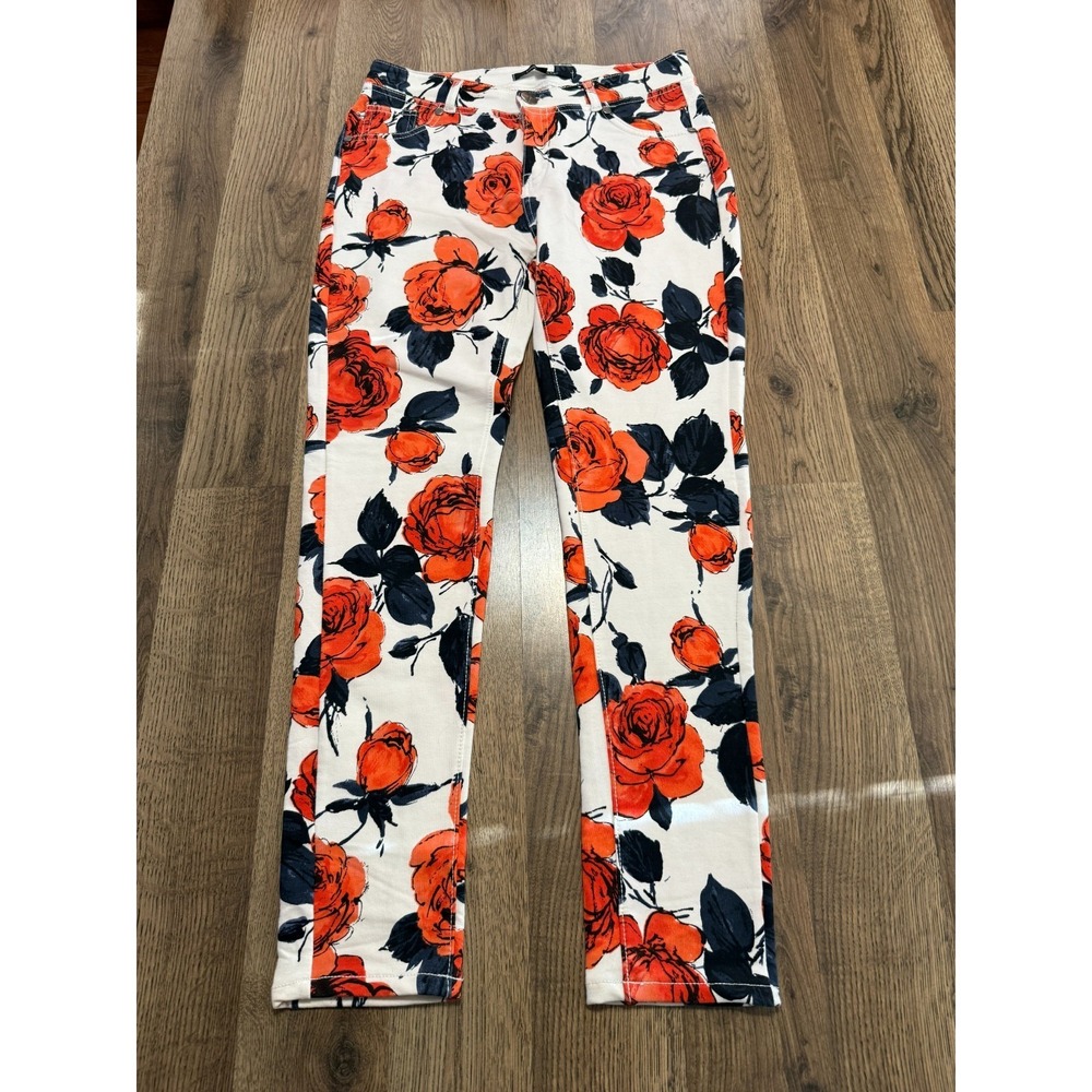 Love Bytes Pants Women's Large White Orange Black Blue Floral Skinny